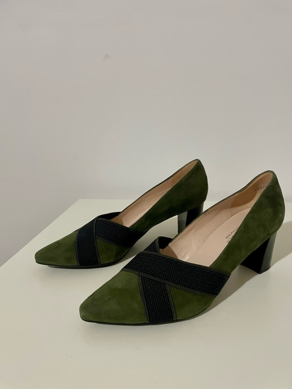 Peter Kaiser Green Green Suede Pointed Pumps with Black Cross-Strap
